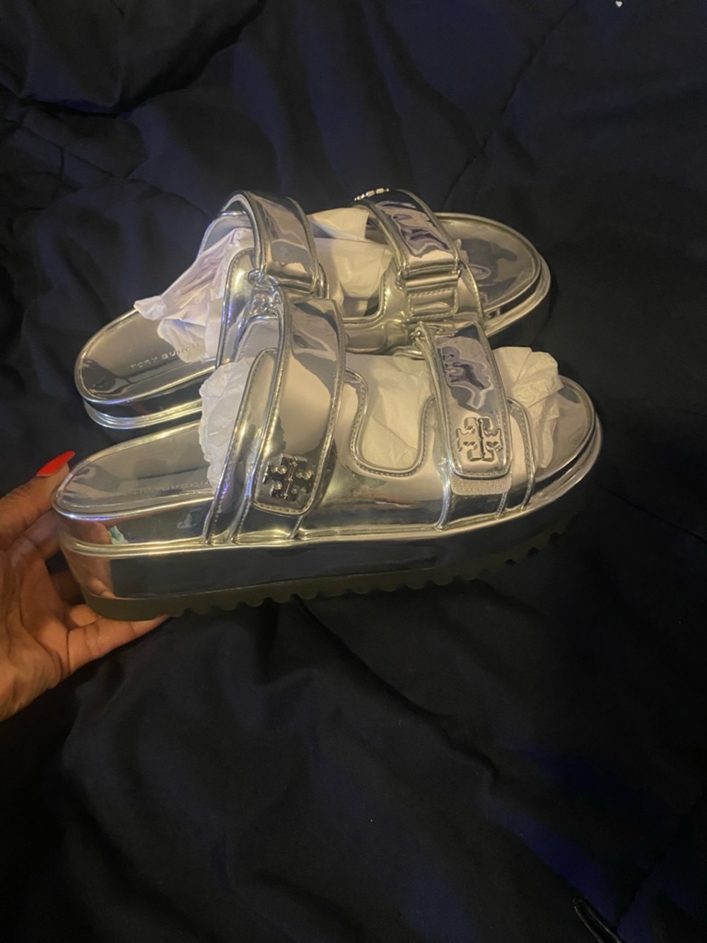 Tory Burch Silver Metallic Double-Strap Platform Slides